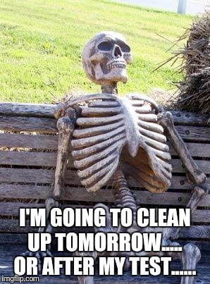 Waiting Skeleton Meme | I'M GOING TO CLEAN UP TOMORROW.....  OR AFTER MY TEST...... | image tagged in memes,waiting skeleton | made w/ Imgflip meme maker