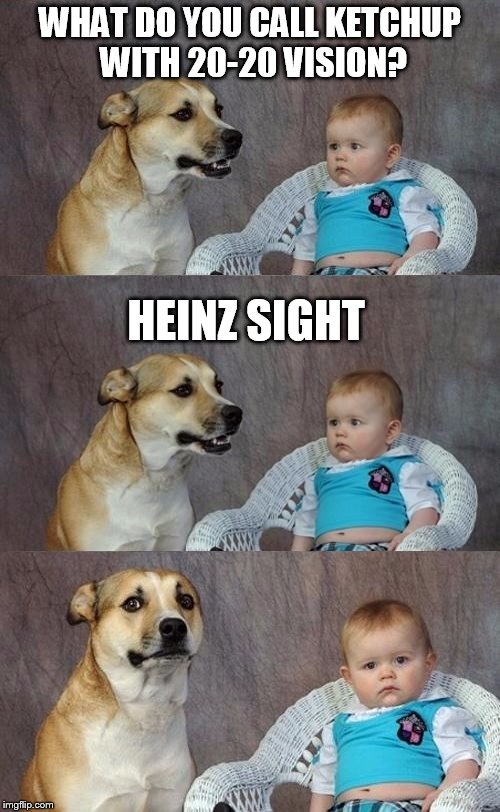 You all need to ketchup with this humor.  | WHAT DO YOU CALL KETCHUP WITH 20-20 VISION? HEINZ SIGHT | image tagged in dad joke dog 2,meme,memes,funny,dad joke | made w/ Imgflip meme maker