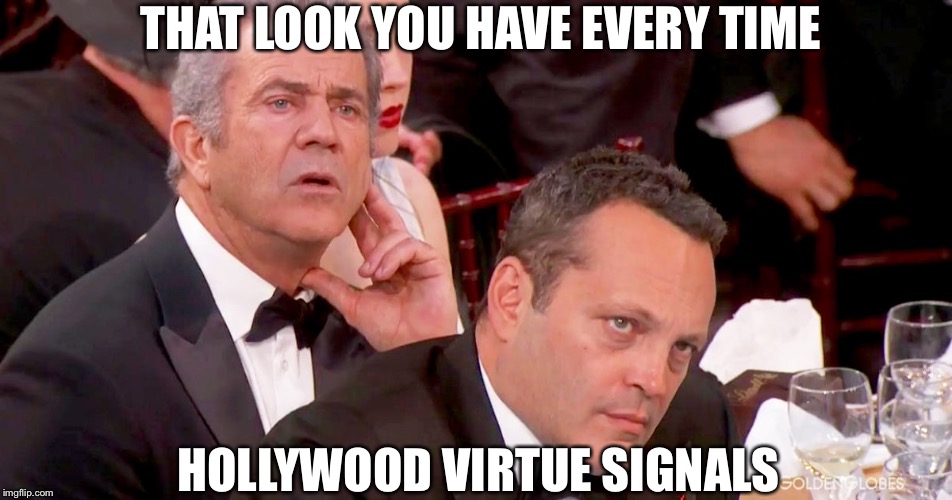 Mel Gibson and Vince Vaughn not impressed  | THAT LOOK YOU HAVE EVERY TIME; HOLLYWOOD VIRTUE SIGNALS | image tagged in mel gibson,vince vaughn,not impressed,hollywood,meme | made w/ Imgflip meme maker