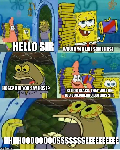 Chocolate Spongebob Meme | WOULD YOU LIKE SOME HOSE; HELLO SIR; HOSE? DID YOU SAY HOSE? RED OR BLACK. THAT WILL BE 100,000,000,000 DOLLARS SIR. HHHHOOOOOOOOSSSSSSSEEEEEEEEEE | image tagged in memes,chocolate spongebob | made w/ Imgflip meme maker