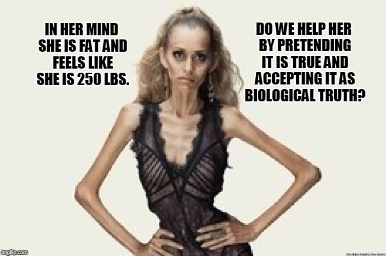 That's not healthy... | DO WE HELP HER BY PRETENDING IT IS TRUE AND ACCEPTING IT AS BIOLOGICAL TRUTH? IN HER MIND SHE IS FAT AND FEELS LIKE SHE IS 250 LBS. | image tagged in memes,anorexia,gender dysphoria,liberal logic | made w/ Imgflip meme maker