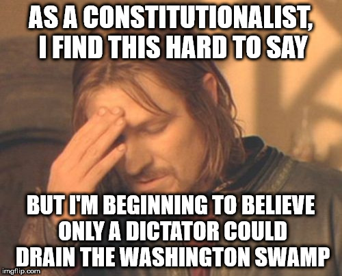 Frustrated Boromir | AS A CONSTITUTIONALIST, I FIND THIS HARD TO SAY; BUT I'M BEGINNING TO BELIEVE ONLY A DICTATOR COULD DRAIN THE WASHINGTON SWAMP | image tagged in memes,frustrated boromir | made w/ Imgflip meme maker