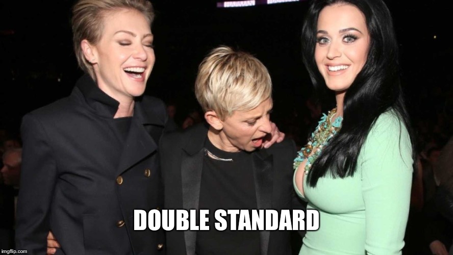 What Would Weinstein Say | DOUBLE STANDARD | image tagged in ellen degeneres,harvey weinstein,hollywood,double standard,katy perry | made w/ Imgflip meme maker
