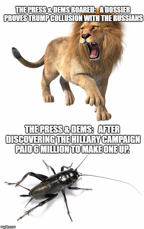 Hillary and the Press. Lions and Crickets | THE PRESS & DEMS ROARED:   A DOSSIER PROVES TRUMP COLLUSION WITH THE RUSSIANS; THE PRESS & DEMS:   AFTER DISCOVERING THE HILLARY CAMPAIGN PAID 6 MILLION TO MAKE ONE UP. | image tagged in hillary clinton,russian collusion,democrats,puppies and kittens | made w/ Imgflip meme maker