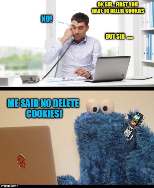 Technical support is not always easy! | OK SIR FIRST YOU HAVE TO DELETE COOKIES; BUT SIR; ME SAID NO DELETE COOKIES; NO | image tagged in memes,technical support,cookie monster,cookie monster computer,cookies,funny memes | made w/ Imgflip meme maker