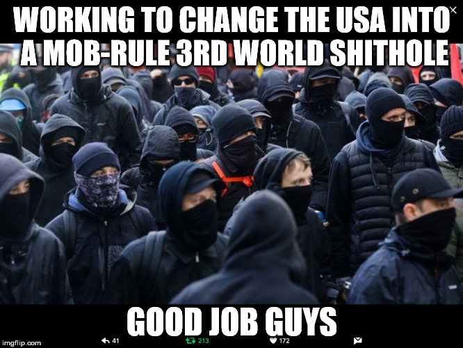 Antifa | WORKING TO CHANGE THE USA INTO A MOB-RULE 3RD WORLD SHITHOLE; GOOD JOB GUYS | image tagged in antifa | made w/ Imgflip meme maker
