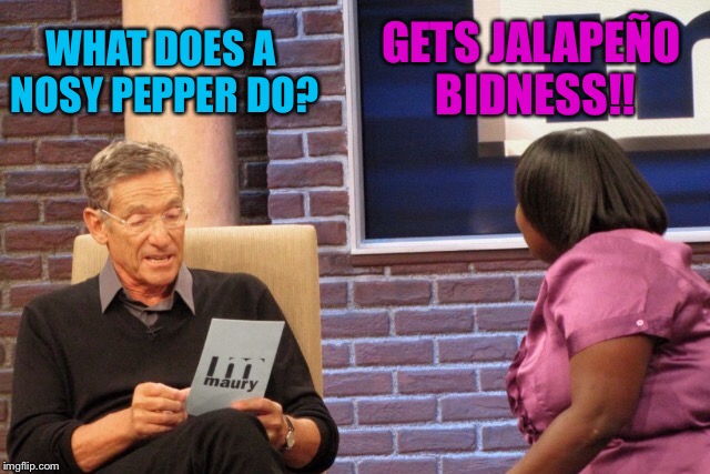 Bad Pun Maury And Guest | GETS JALAPEÑO BIDNESS!! WHAT DOES A NOSY PEPPER DO? | image tagged in maury povich,maury,hot,food,mind your own business | made w/ Imgflip meme maker
