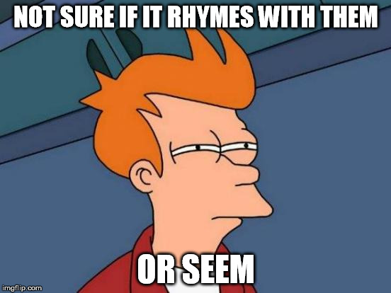Probably because I learned french....It took me months to discover the true pronunciation of meme. | NOT SURE IF IT RHYMES WITH THEM; OR SEEM | image tagged in memes,futurama fry,pronunciation | made w/ Imgflip meme maker