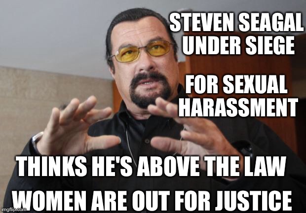 Steven Seagal | STEVEN SEAGAL UNDER SIEGE; FOR SEXUAL HARASSMENT; THINKS HE'S ABOVE THE LAW; WOMEN ARE OUT FOR JUSTICE | image tagged in steven seagal | made w/ Imgflip meme maker