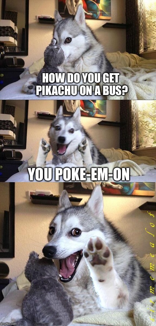 Bad Pun Dog | HOW DO YOU GET PIKACHU ON A BUS? YOU POKE-EM-ON | image tagged in bad pun dog aliens zinger,memes,bad pun dog,pokemon,overly attached girlfriend,overly attached girlfriend weekend | made w/ Imgflip meme maker