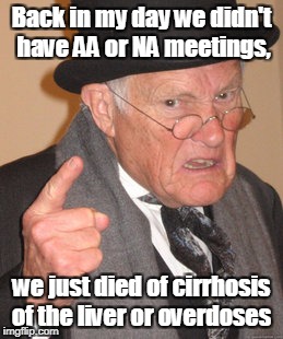 Back In My Day Meme | Back in my day we didn't have AA or NA meetings, we just died of cirrhosis of the liver or overdoses | image tagged in memes,back in my day | made w/ Imgflip meme maker