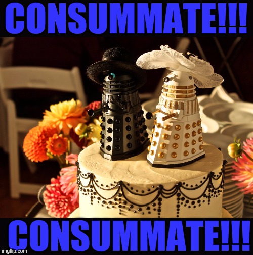 When Daleks get married!!! (͡• ͜ʖ ͡•) | CONSUMMATE!!! CONSUMMATE!!! | image tagged in memes,funny,daleks,doctor who,dr who,weddings | made w/ Imgflip meme maker