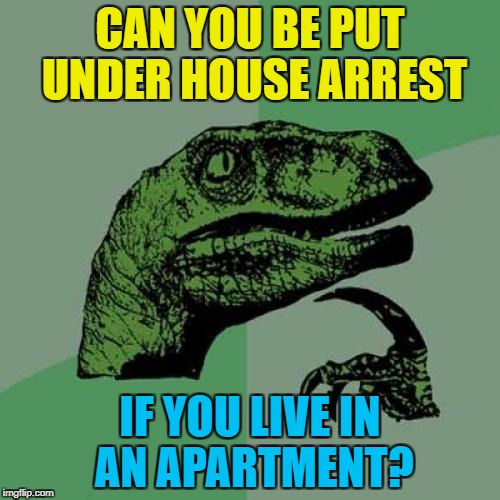 Legal loopholes, legal loopholes everywhere... :) | CAN YOU BE PUT UNDER HOUSE ARREST; IF YOU LIVE IN AN APARTMENT? | image tagged in memes,philosoraptor,house arrest,crime,mugabe,zimbabwe | made w/ Imgflip meme maker