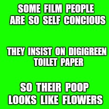 Computer Generated Imagery but it Still Smells Horrible | SOME  FILM  PEOPLE  ARE  SO  SELF  CONCIOUS; THEY  INSIST  ON  DIGIGREEN  TOILET  PAPER; SO  THEIR  POOP  LOOKS  LIKE  FLOWERS | image tagged in film,cgi,poop,flowers | made w/ Imgflip meme maker