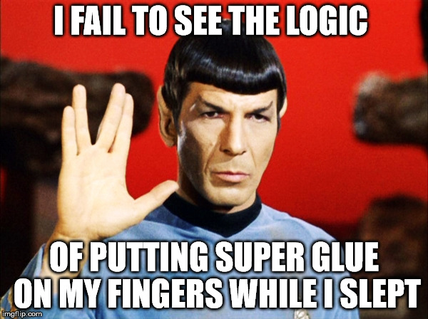 I FAIL TO SEE THE LOGIC; OF PUTTING SUPER GLUE ON MY FINGERS WHILE I SLEPT | image tagged in spock | made w/ Imgflip meme maker