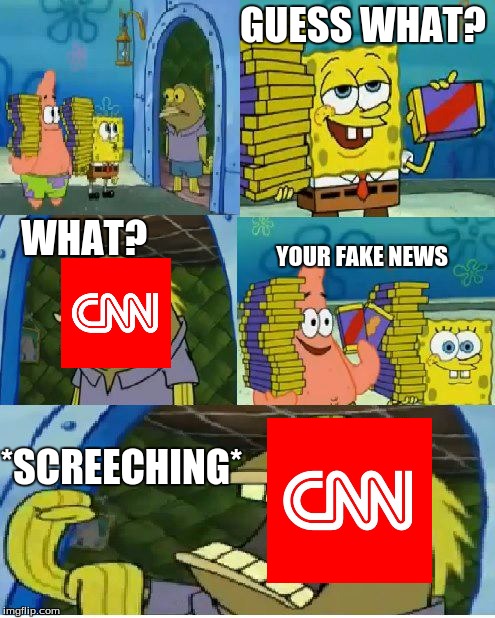 fake news 2: electrice boogaloo | GUESS WHAT? WHAT? YOUR FAKE NEWS; *SCREECHING* | image tagged in memes,chocolate spongebob | made w/ Imgflip meme maker