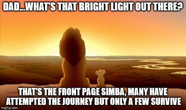 MUFASA AND SIMBA | DAD...WHAT'S THAT BRIGHT LIGHT OUT THERE? THAT'S THE FRONT PAGE SIMBA, MANY HAVE ATTEMPTED THE JOURNEY BUT ONLY A FEW SURVIVE | image tagged in mufasa and simba,memes | made w/ Imgflip meme maker