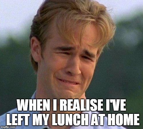 1990s First World Problems Meme | WHEN I REALISE I'VE LEFT MY LUNCH AT HOME | image tagged in memes,1990s first world problems | made w/ Imgflip meme maker
