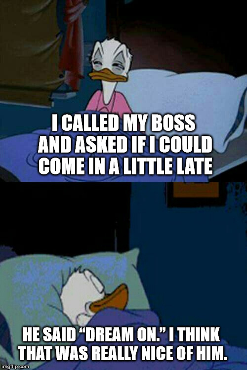 sleepy donald duck in bed | I CALLED MY BOSS AND ASKED IF I COULD COME IN A LITTLE LATE; HE SAID “DREAM ON.” I THINK THAT WAS REALLY NICE OF HIM. | image tagged in sleepy donald duck in bed,memes,funny,ducks,animals | made w/ Imgflip meme maker