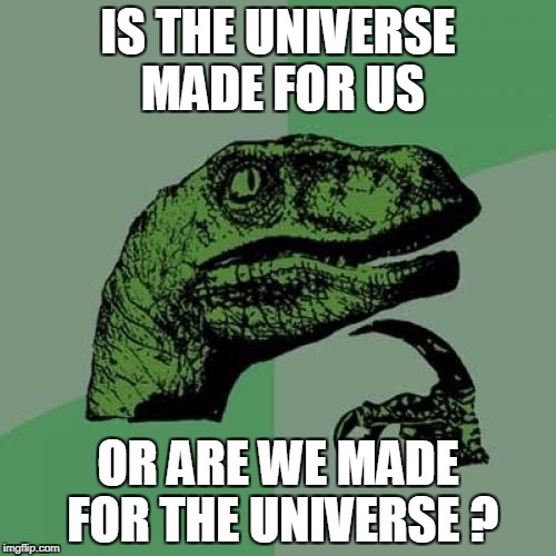 Philosoraptor | IS THE UNIVERSE MADE FOR US; OR ARE WE MADE FOR THE UNIVERSE ? | image tagged in memes,philosoraptor | made w/ Imgflip meme maker