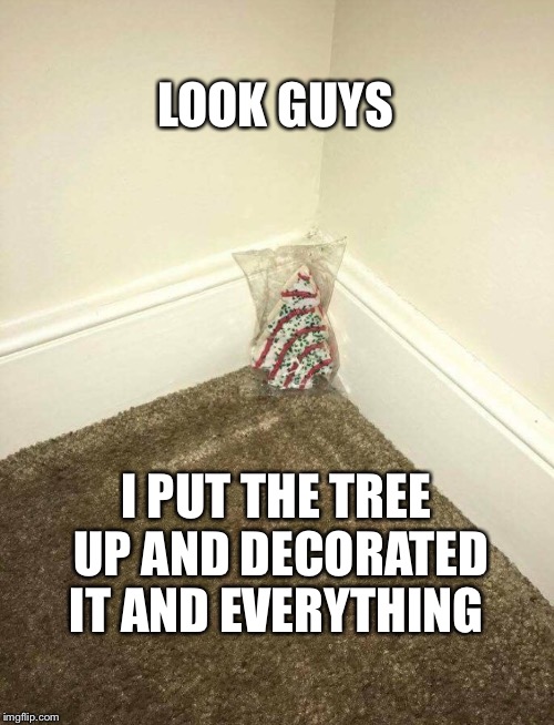 Oh Christmas Tree... | LOOK GUYS; I PUT THE TREE UP AND DECORATED IT AND EVERYTHING | image tagged in christmas,christmas tree,snack | made w/ Imgflip meme maker
