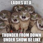 surprised ownls | LADIES AT A; THUNDER FROM DOWN UNDER SHOW BE LIKE | image tagged in surprised ownls | made w/ Imgflip meme maker