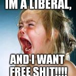 crying girl | IM A LIBERAL, AND I WANT FREE SHIT!!!! | image tagged in crying girl | made w/ Imgflip meme maker