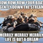 Rowing inflatable boat small | ROW ROW ROW YOUR BOAT GENTLY DOWN THE STREAM; MERRILY MERRILY MERRILY LIFE IS BUT A DREAM | image tagged in row row row your boat,memes | made w/ Imgflip meme maker