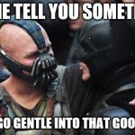 Bane Batman Bromance | LET ME TELL YOU SOMETHING, DO NOT GO GENTLE INTO THAT GOOD NIGHT. | image tagged in bane batman bromance | made w/ Imgflip meme maker