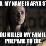 A girl is Arya Stark | HELLO. MY NAME IS ARYA STARK; YOU KILLED MY FAMILY. PREPARE TO DIE. | image tagged in a girl is arya stark | made w/ Imgflip meme maker