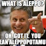 Gary Johnson | WHAT IS ALEPPO? OH, GOT IT.  YOU MEAN ALEPPOPOTAMUS? | image tagged in gary johnson | made w/ Imgflip meme maker