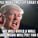 donald trump | WE WILL MAKE IMGFLIP GREAT AGAIN; WE WILL BUILD A WALL AND IMGUR WILL PAY FOR IT | image tagged in donald trump | made w/ Imgflip meme maker