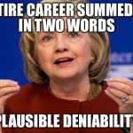 Very calculating and has an angle for everything  | ENTIRE CAREER SUMMED UP; IN TWO WORDS; "PLAUSIBLE DENIABILITY" | image tagged in hillary clinton | made w/ Imgflip meme maker