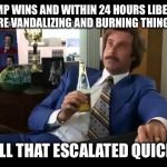 Well That Escalated Quickly | TRUMP WINS AND WITHIN 24 HOURS LIBERALS ARE VANDALIZING AND BURNING THINGS; WELL THAT ESCALATED QUICKLY | image tagged in memes,well that escalated quickly | made w/ Imgflip meme maker