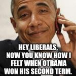 obama phone | HEY LIBERALS, NOW YOU KNOW HOW I FELT WHEN OTRAMA WON HIS SECOND TERM. (AND I DIDN'T RIOT) | image tagged in obama phone | made w/ Imgflip meme maker