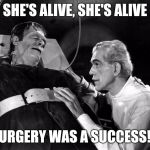 dr frankenstein | SHE'S ALIVE, SHE'S ALIVE; SURGERY WAS A SUCCESS!!! | image tagged in dr frankenstein | made w/ Imgflip meme maker