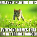 Every time I smile God Kills a Kitten | HARMLESSLY PLAYING OUTSIDE; EVERYONE MEMES THAT I'M IN TERRIBLE DANGER | image tagged in every time i smile god kills a kitten | made w/ Imgflip meme maker
