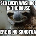 Creepy sloth | I USED EVERY WASHROOM IN THE HOUSE; THERE IS NO SANCTUARY | image tagged in creepy sloth,memes | made w/ Imgflip meme maker