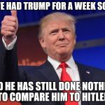 donald trump | WE'VE HAD TRUMP FOR A WEEK SO FAR; AND HE HAS STILL DONE NOTHING TO COMPARE HIM TO HITLER | image tagged in donald trump | made w/ Imgflip meme maker