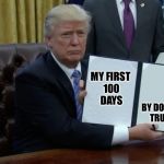 Lead by Executive Order, which you were so against | MY FIRST 100 DAYS; BY DONALD TRUMP | image tagged in executive order trump,hypocrite,alec baldwin,melissa mcarthy,kellyanne conway got muzzled,sean spicy spicer | made w/ Imgflip meme maker