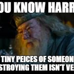 Angry Dumbledore | YOU KNOW HARRY, FINDING TINY PEICES OF SOMEONE'S SOUL AND DESTROYING THEM ISN'T VERY NICE. | image tagged in memes,angry dumbledore | made w/ Imgflip meme maker