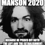 charles manson | MANSON 2020; BECAUSE HE PISSES OFF BOTH THE LEFT AND THE ESTABLISHMENT | image tagged in charles manson | made w/ Imgflip meme maker