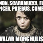 Arya Stark | BANNON, SCARAMUCCI, FLYNN, SPICER, PRIEBUS, COMEY... VALAR MORGHULIS | image tagged in arya stark | made w/ Imgflip meme maker