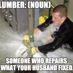 Plumber | PLUMBER: (NOUN); SOMEONE WHO REPAIRS WHAT YOUR HUSBAND FIXED. | image tagged in plumber | made w/ Imgflip meme maker