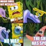 Spongebob | OH MAGIC SHELL CAN I GET NETFLIX??? NO WAY; THE SHELL HAS SPOKEN | image tagged in spongebob | made w/ Imgflip meme maker