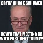 Chuck Schumer Crying | CRYIN' CHUCK SCHUMER; HOW'D THAT MEETING GO WITH PRESIDENT TRUMP? | image tagged in chuck schumer crying | made w/ Imgflip meme maker