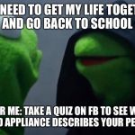 Kermit Inner Me | ME:I NEED TO GET MY LIFE TOGETHER AND GO BACK TO SCHOOL; INNER ME: TAKE A QUIZ ON FB TO SEE WHAT HOUSEHOLD APPLIANCE DESCRIBES YOUR PERSONALITY | image tagged in kermit inner me | made w/ Imgflip meme maker