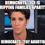 Rachel Maddow  | DEMOCRATS: "ICE IS RIPPING FAMILIES APART!"; ALSO DEMOCRATS: "YAY ABORTIONS!!" | image tagged in rachel maddow | made w/ Imgflip meme maker