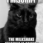 Black cat pissed | I’M SORRY; THE MILKSHAKE MACHINE IS BROKEN | image tagged in black cat pissed,memes | made w/ Imgflip meme maker