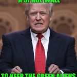 The Green Aliens are the worst...they steal our cattle and probe our red necks.. bringing disease and drugs.  Just bad dudes. | WE NEED TO BUILD A SPACE WALL; TO KEEP THE GREEN ALIENS OUTTA OUR COUNTRY | image tagged in donald trump,aliens week,trump aliens,build a wall | made w/ Imgflip meme maker